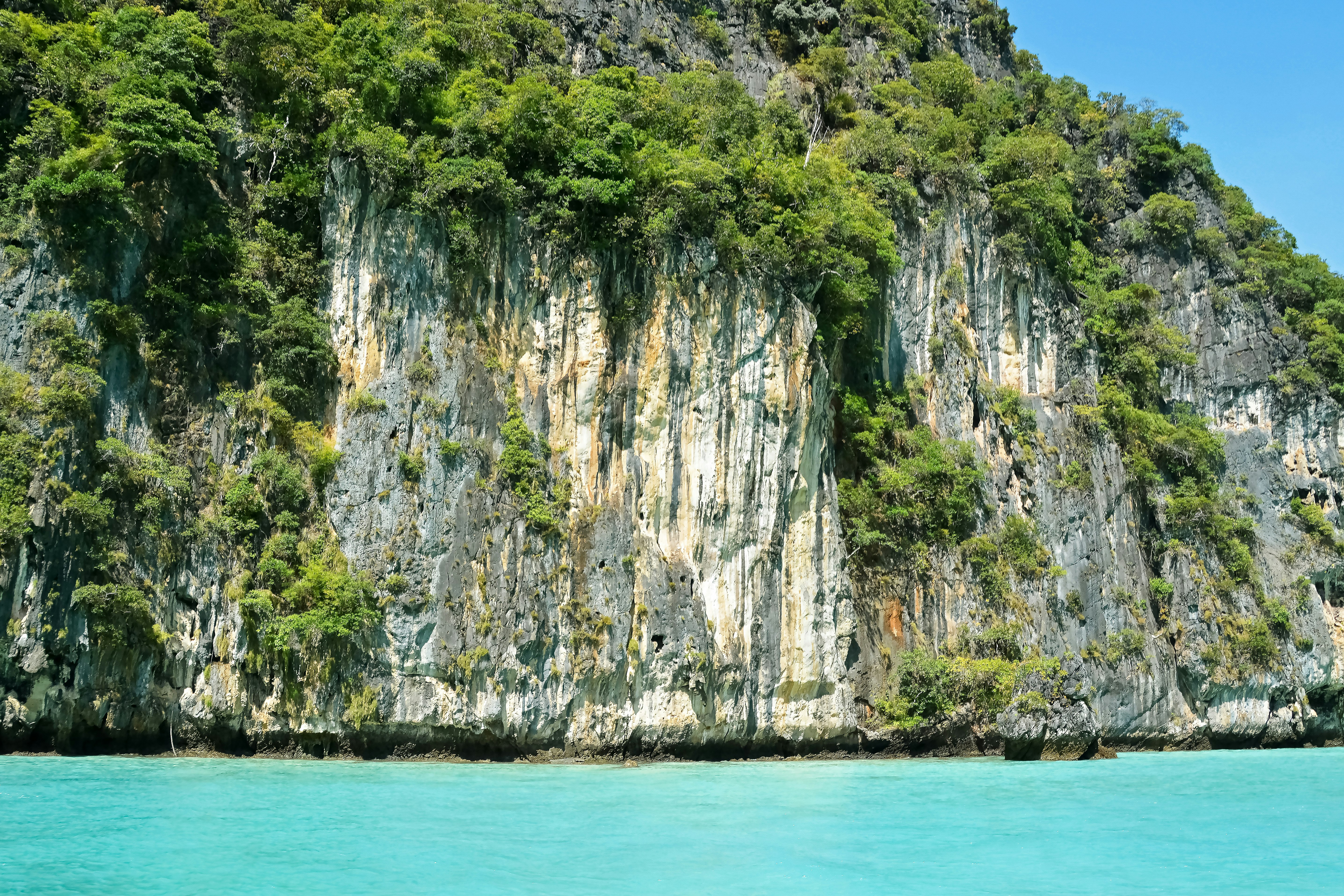 gray and green rock formation beside body of water during daytime